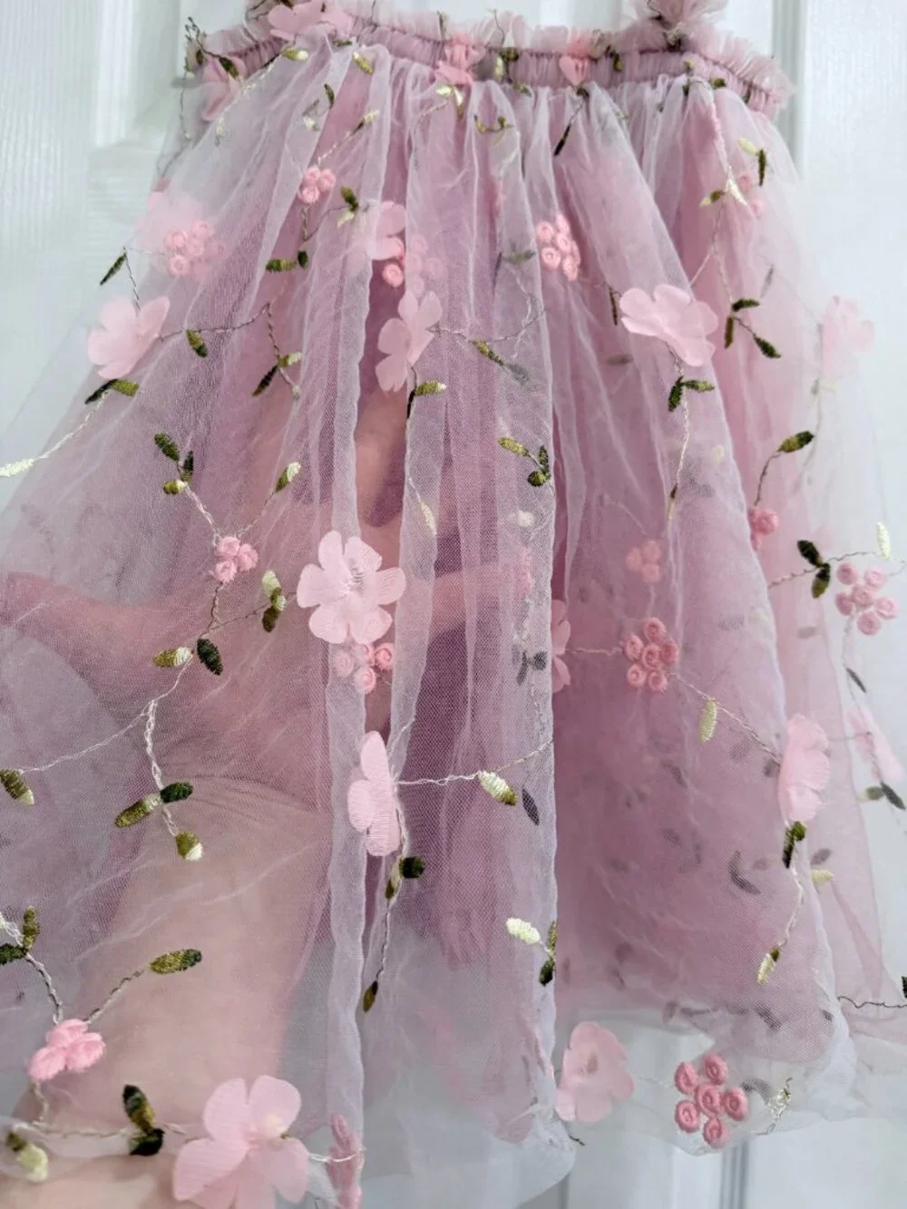 Pink Floral Embroidered Tulle Dress Girls Toddler Fairy Princess Cottagecore